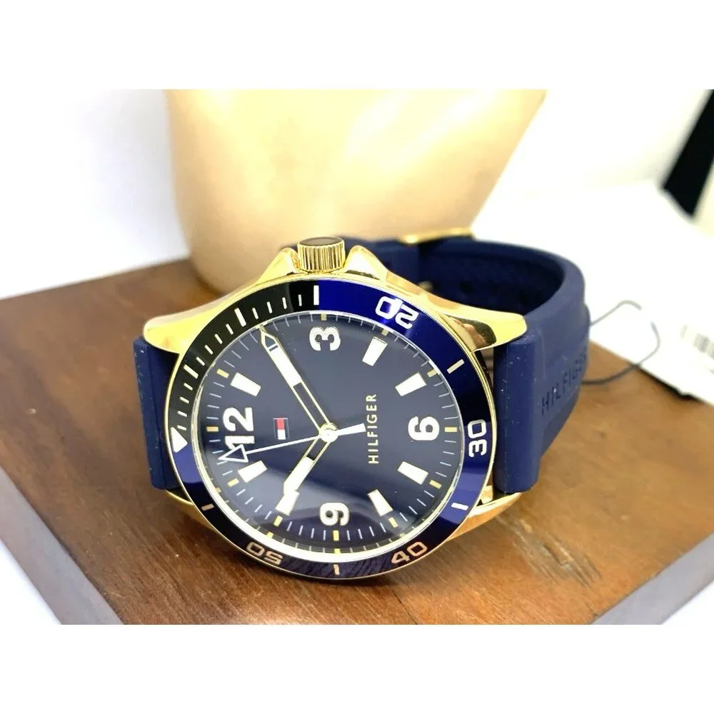 Tommy Hilfiger Men's Watch 1791868 Quartz Gold Blue Dial Rubber Strap 44mm